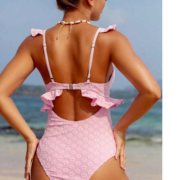 Floral Textured Print Plunging Neck Cut out Monokini One Piece Swimsuit - Picture 5 of 9